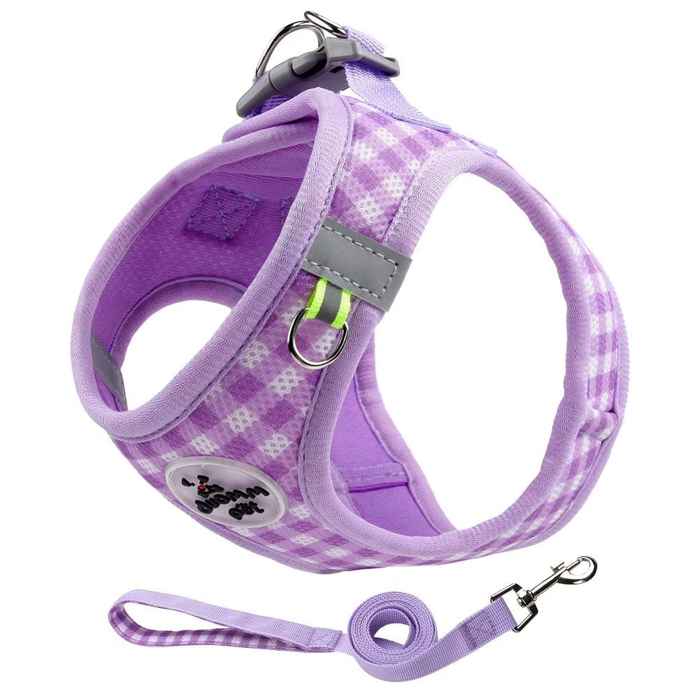 Aiitle Soft Adjustable Plaid Mesh Dog Vest Harness with Leash Set