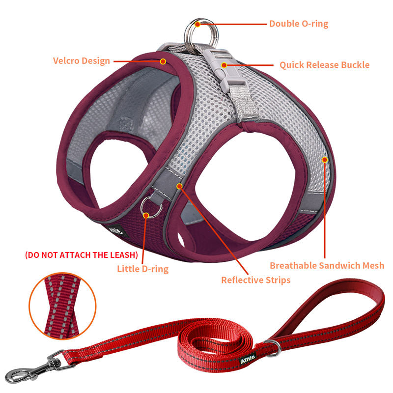 Aiitle Soft Adjustable Mesh Dog Harness Leash Set Burgundy