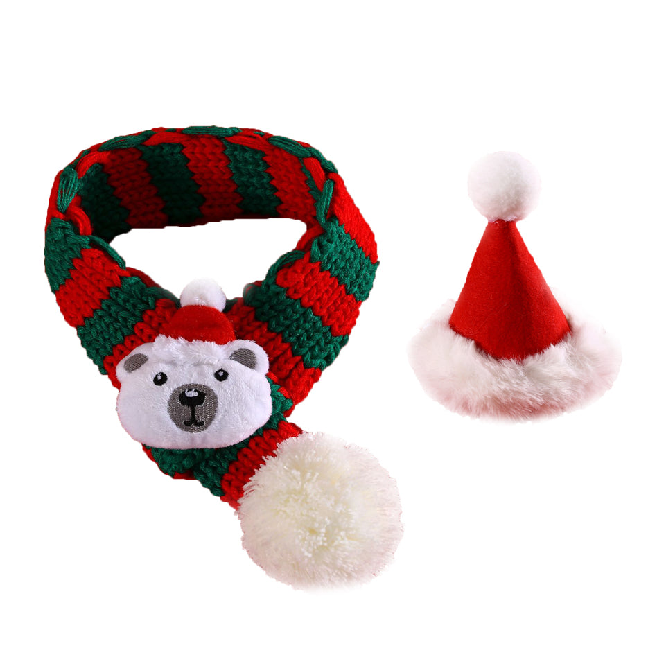 Aiitle Cute Bear Pet Christmas Striped Scarf Hat Set
