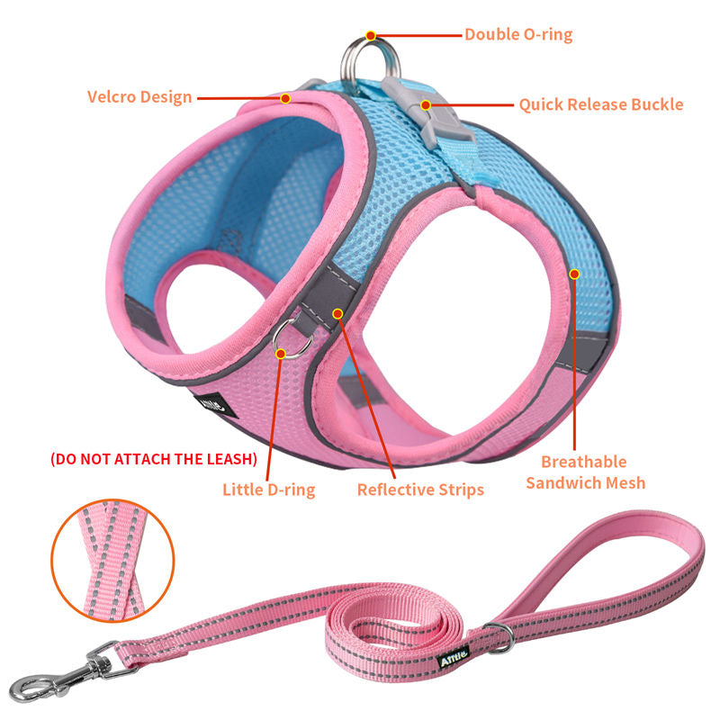 Aiitle Soft Adjustable Mesh Dog Harness Leash Set Pink