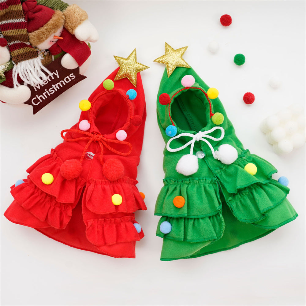 Aiitle Cute Pet Christmas Cloak with Star and Pompoms Green
