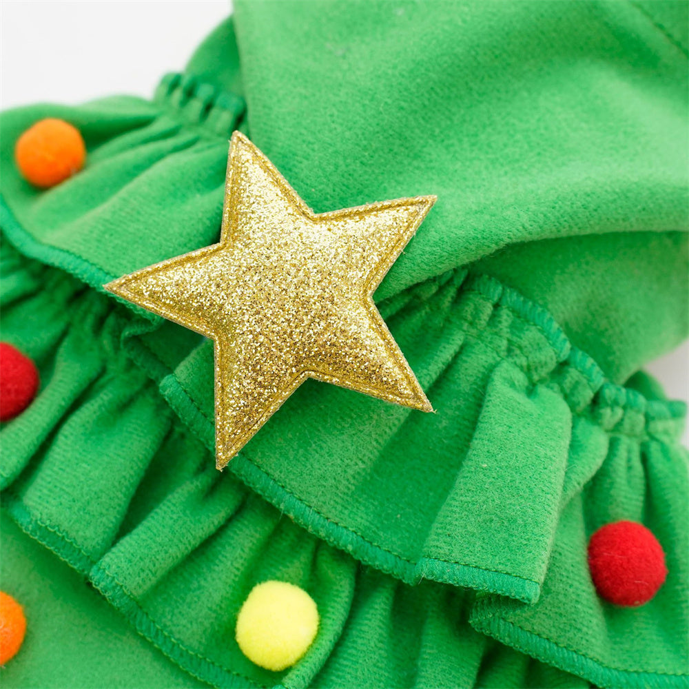 Aiitle Cute Pet Christmas Cloak with Star and Pompoms Green