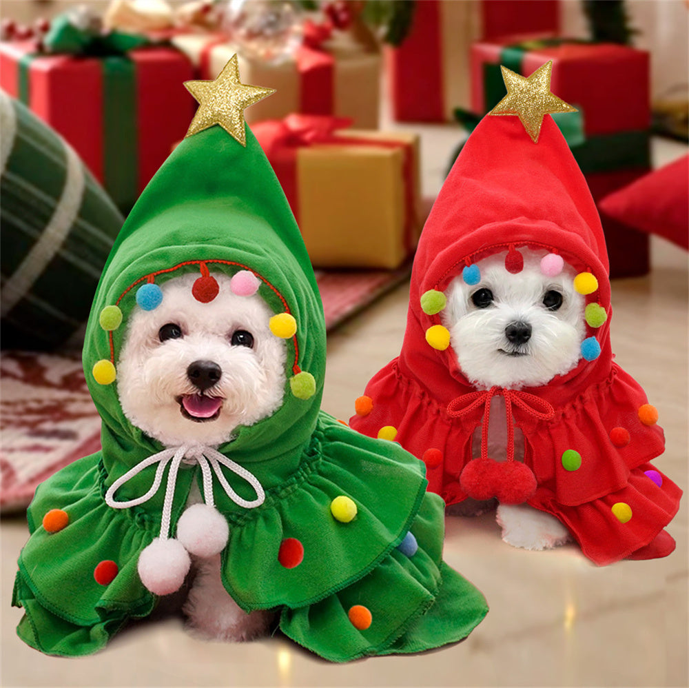 Aiitle Cute Pet Christmas Cloak with Star and Pompoms Green