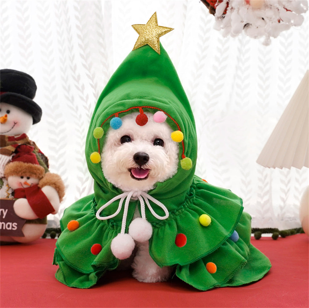 Aiitle Cute Pet Christmas Cloak with Star and Pompoms Green