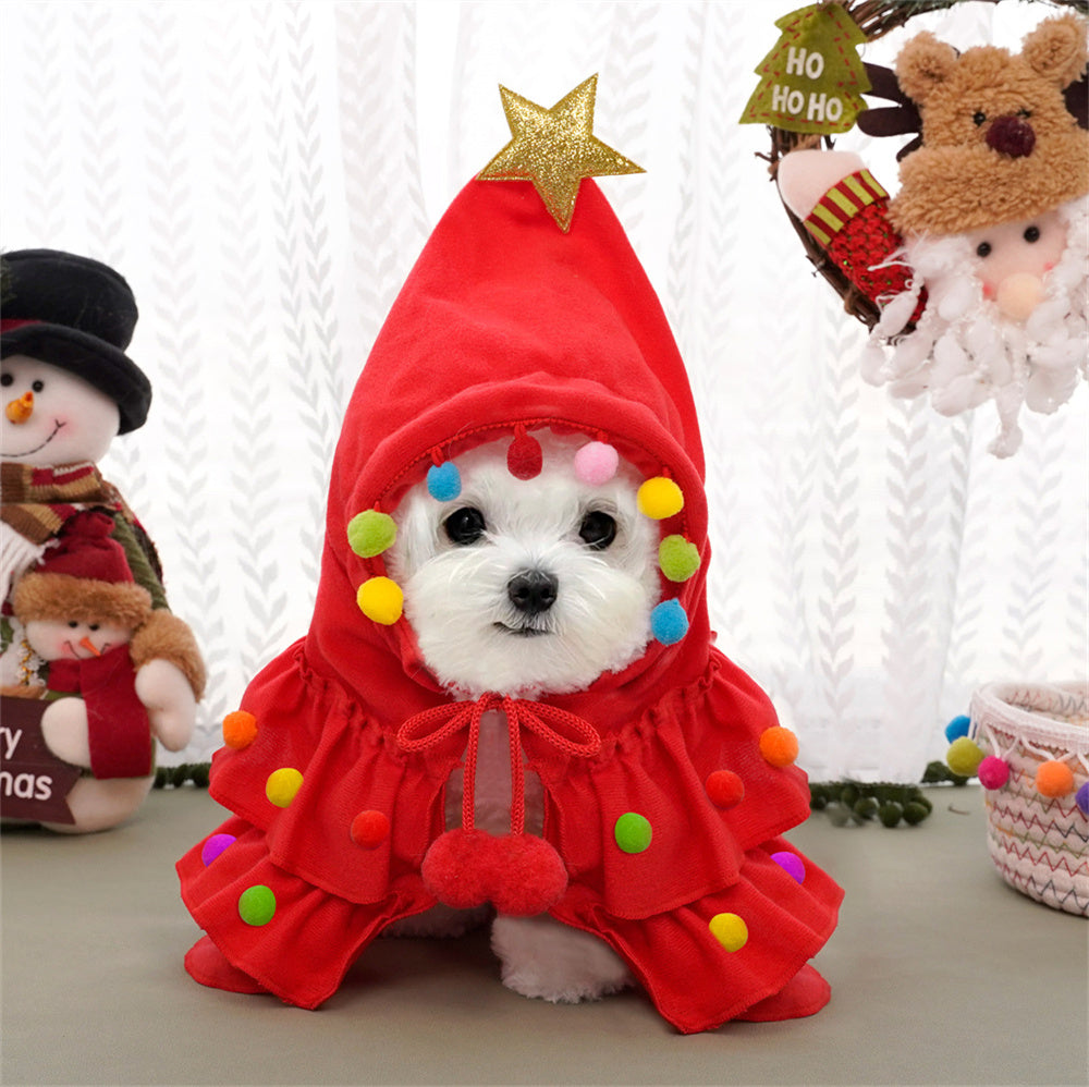 Aiitle Cute Pet Christmas Cloak with Star and Pompoms Green