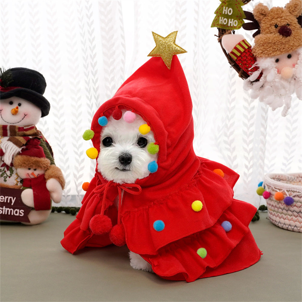 Aiitle Cute Pet Christmas Cloak with Star and Pompoms Green