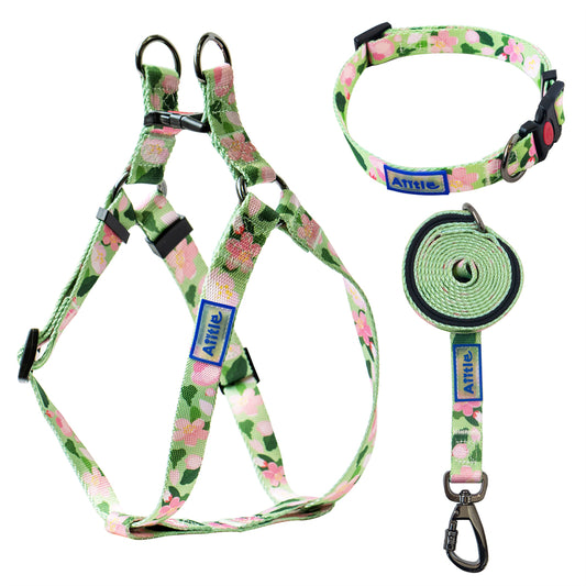 Aiitle New Adjustable Step in Dog Harness Leash Set Green Flower