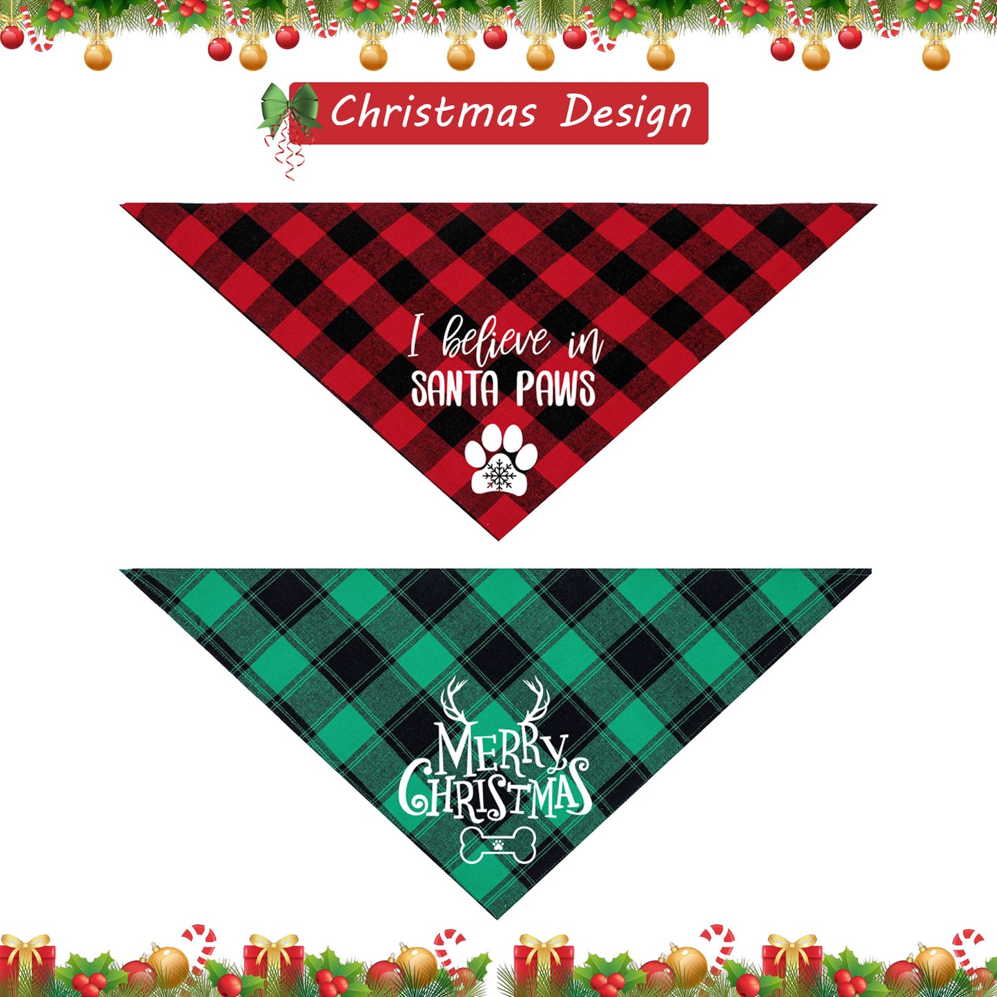 2 PACK CHRISTMAS DOG BANDANAS - CLASSIC TRIANGLE TEXT PATTERN PRINTING | AIITLE