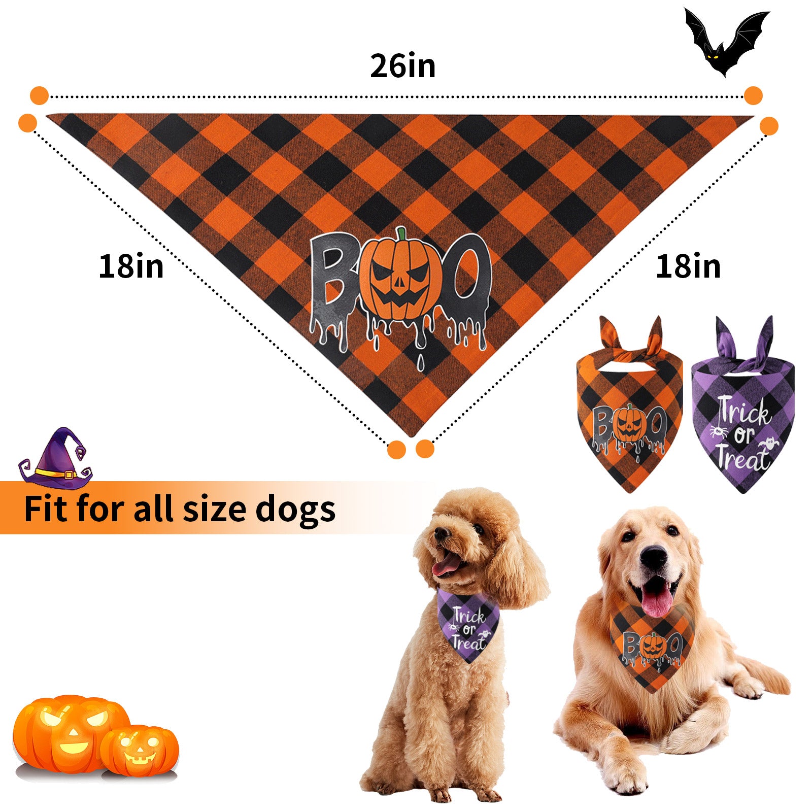 2 Pack Plaid Halloween Dog Bandanas, Washable Halloween Pumpkin Bat Printing | AIITLE
