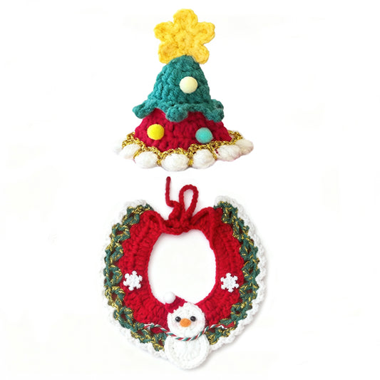 Aiitle Handmade Crocheted Christmas Pet Collar Hat -Snowman