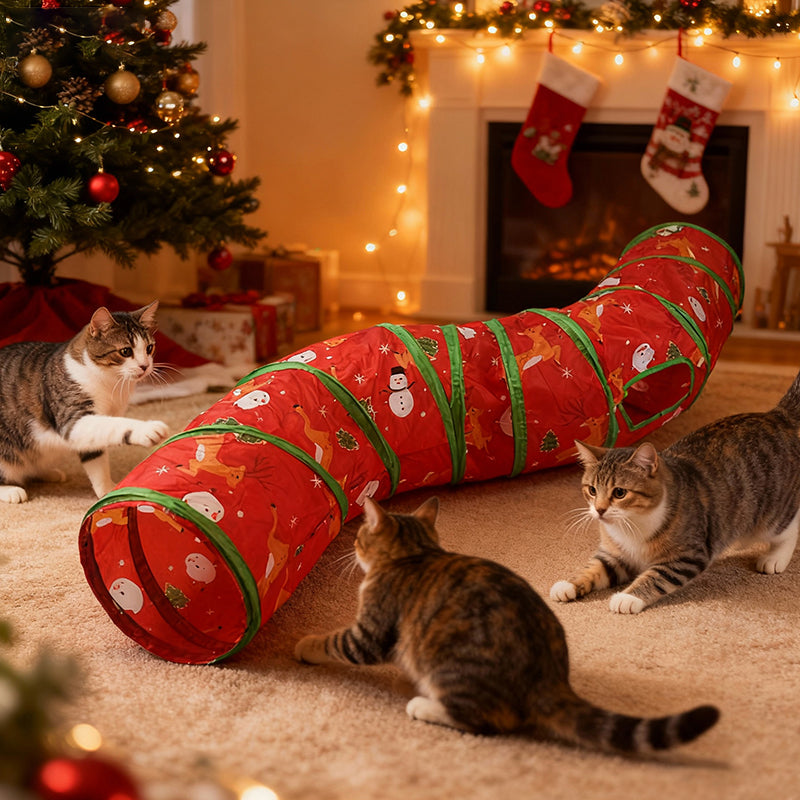 Aiitle Christmas Foldable Cat Tunnel Toy S Red