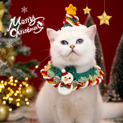 Aiitle Handmade Crocheted Christmas Pet Collar Hat with String -Snowman