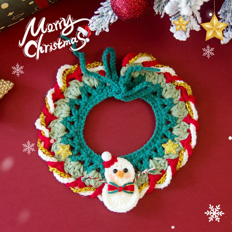 Aiitle Handmade Crocheted Christmas Pet Collar Hat with String -Snowman