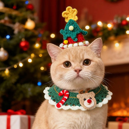Aiitle Handmade Crocheted Christmas Pet Collar Hat -Reindeer