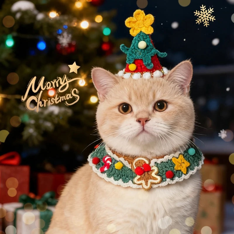 Aiitle Handmade Crocheted Christmas Pet Collar Hat - Gingerbread Man