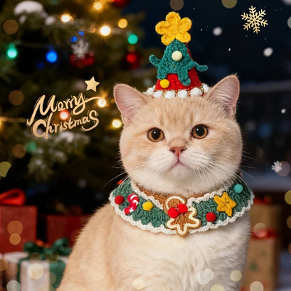 Aiitle Handmade Crocheted Christmas Pet Collar Hat - Gingerbread Man