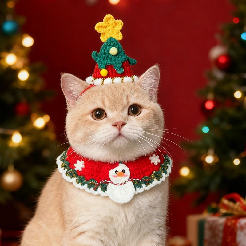 Aiitle Handmade Crocheted Christmas Pet Collar Hat -Snowman