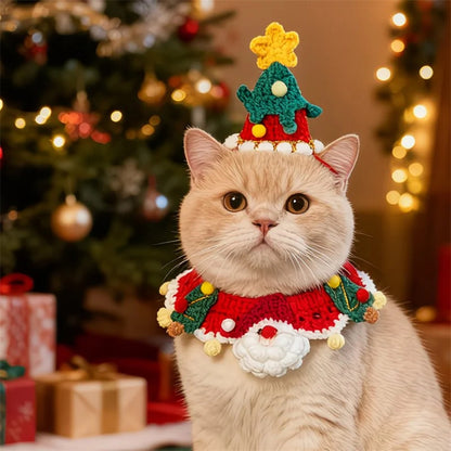 Aiitle Handmade Crocheted Christmas Pet Collar Hat - Red Santa