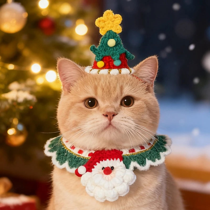 Aiitle Handmade Crocheted Christmas Pet Collar Hat - Green Santa