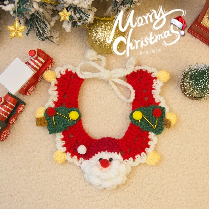 Aiitle Handmade Crocheted Christmas Pet Collar Hat - Red Santa