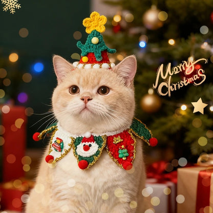 Aiitle Handmade Crocheted Christmas Pet Collar Hat - Christmas Planet