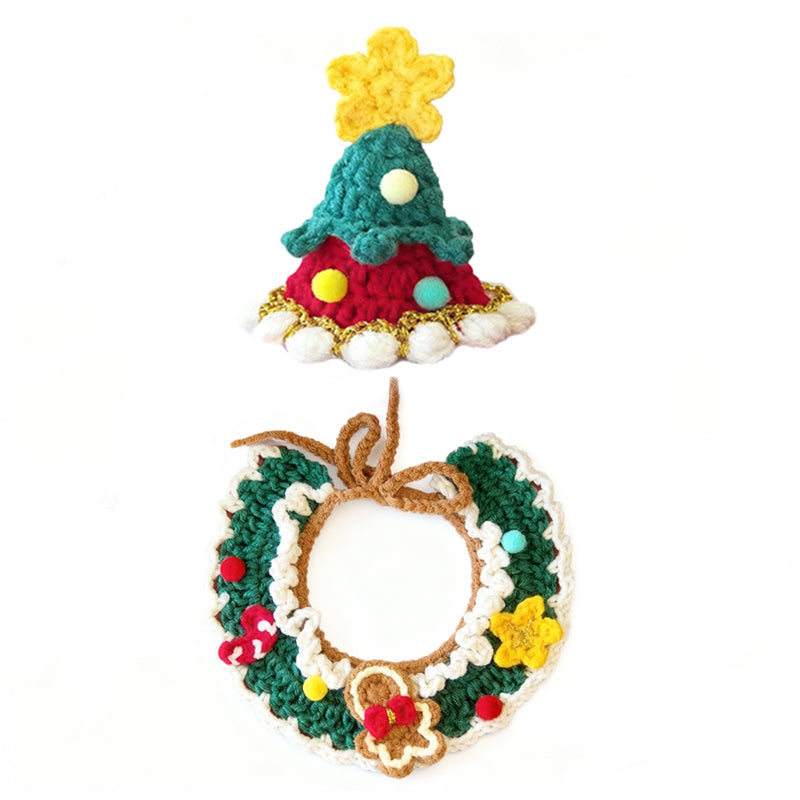 Aiitle Handmade Crocheted Christmas Pet Collar Hat - Gingerbread Man