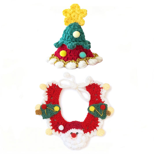 Aiitle Handmade Crocheted Christmas Pet Collar Hat - Red Santa
