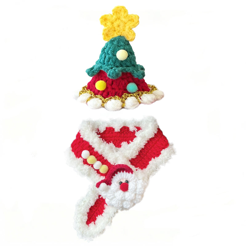 Aiitle Handmade Crocheted Christmas Pet Scarf Hat - Red Santa