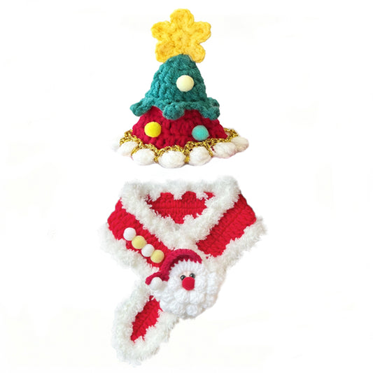 Aiitle Handmade Crocheted Christmas Pet Scarf Hat - Red Santa