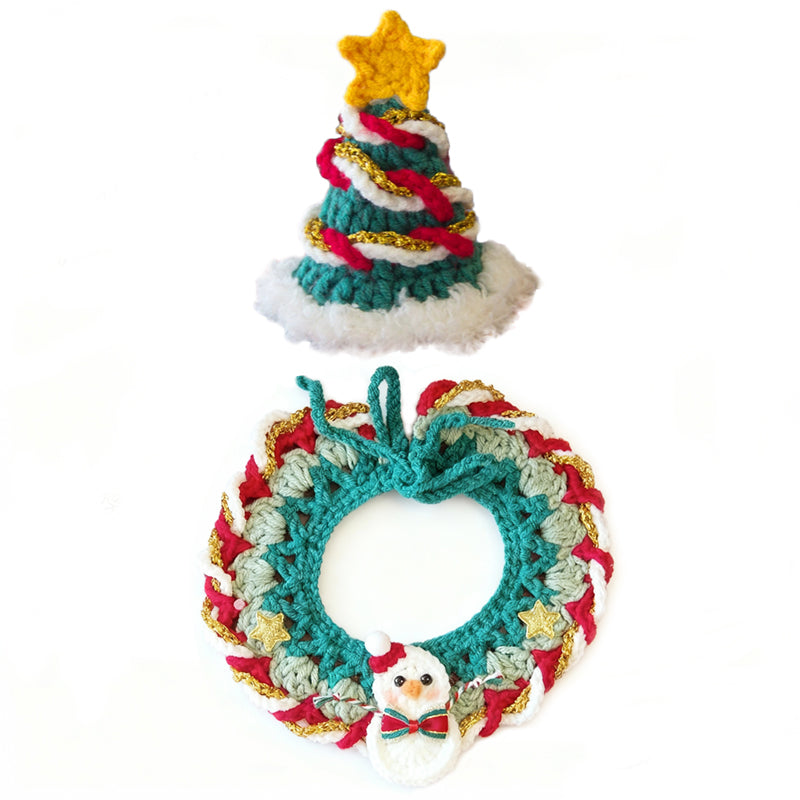 Aiitle Handmade Crocheted Christmas Pet Collar Hat with String -Snowman