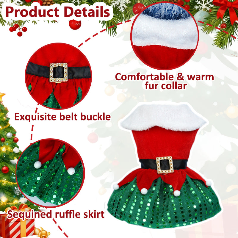 Aiitle Christmas Dog Sequined Dress with Belt