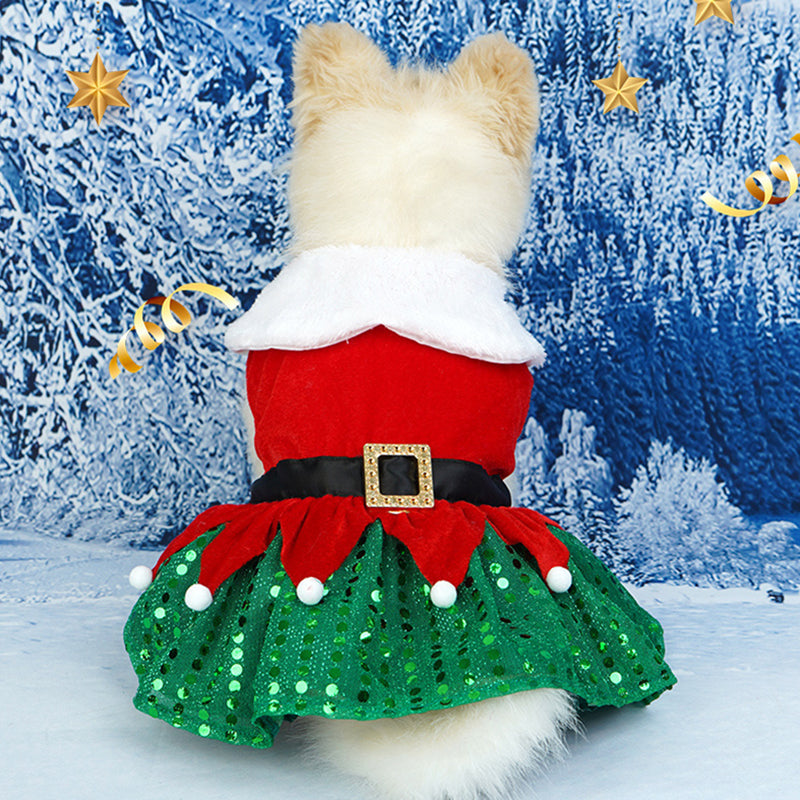 Aiitle Christmas Dog Sequined Dress with Belt