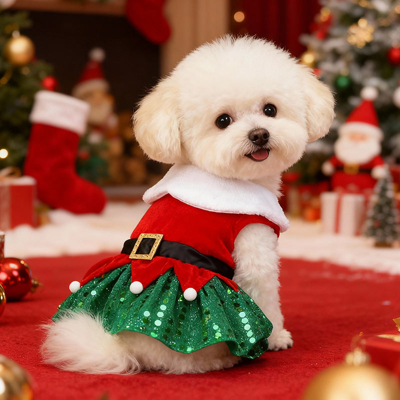 Aiitle Christmas Dog Sequined Dress with Belt