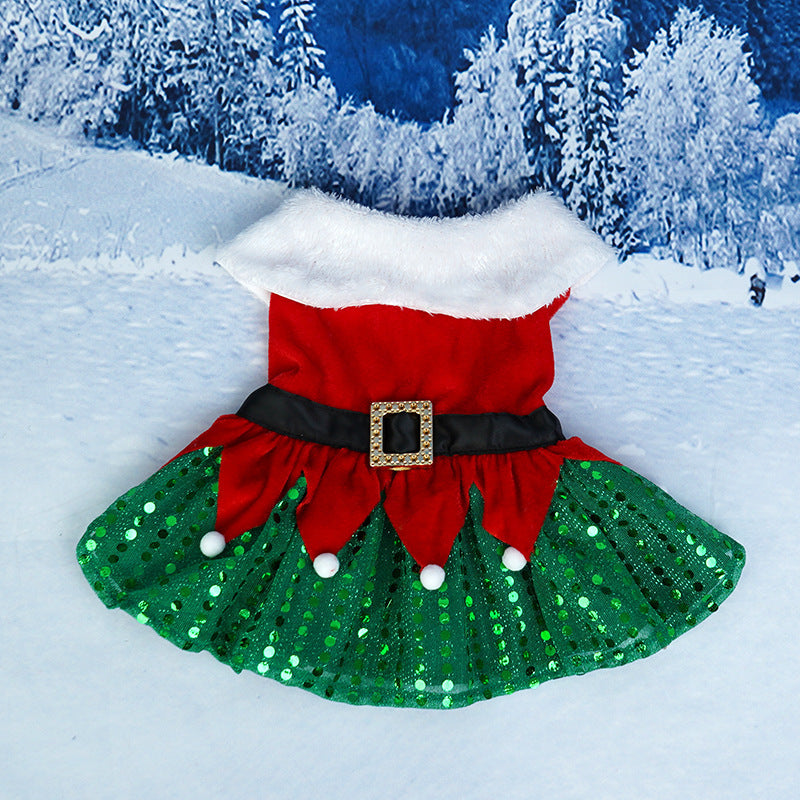 Aiitle Christmas Dog Sequined Dress with Belt