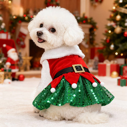 Aiitle Christmas Dog Sequined Dress with Belt