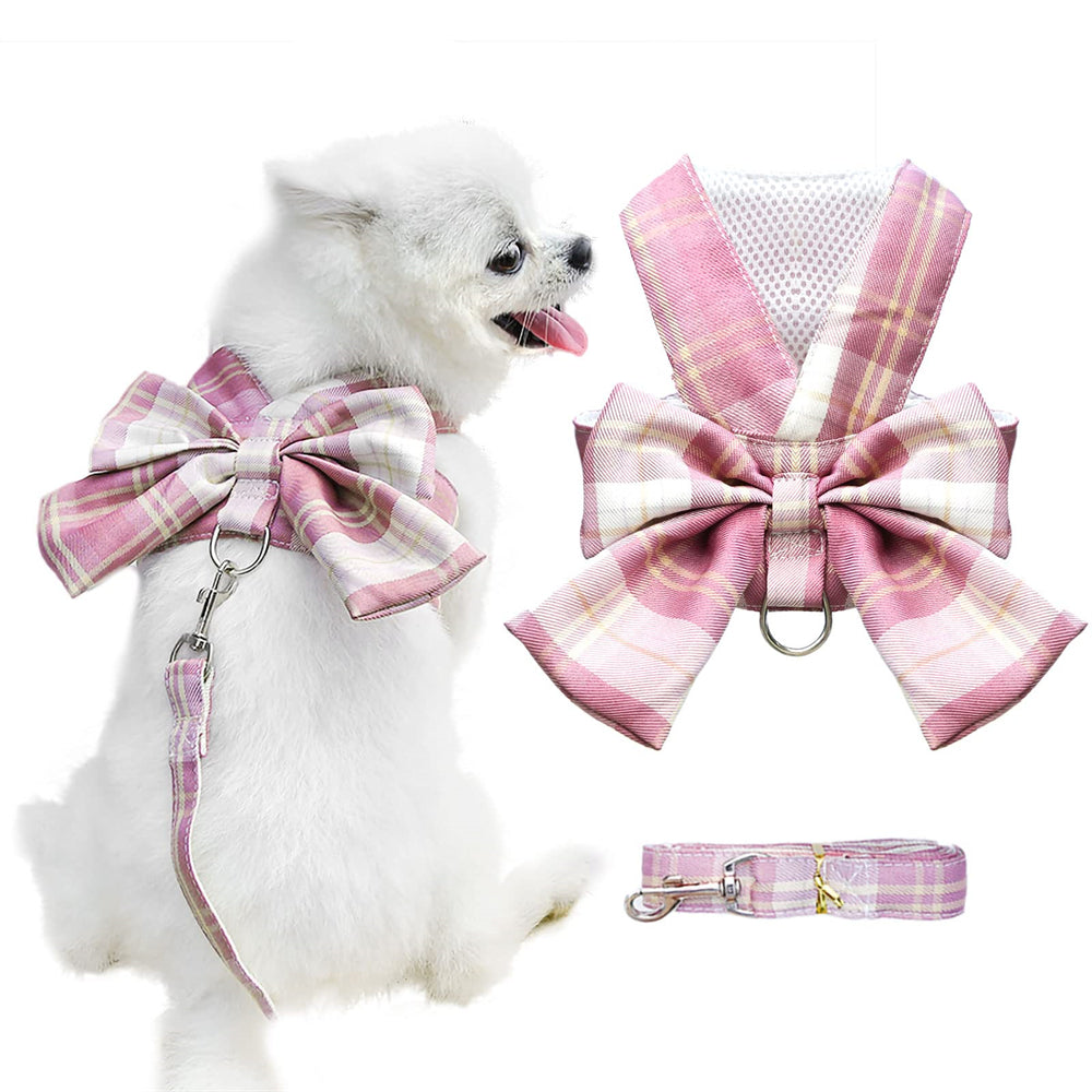 Aiitle Pet Plaid Bow Tie Harness Leash Set