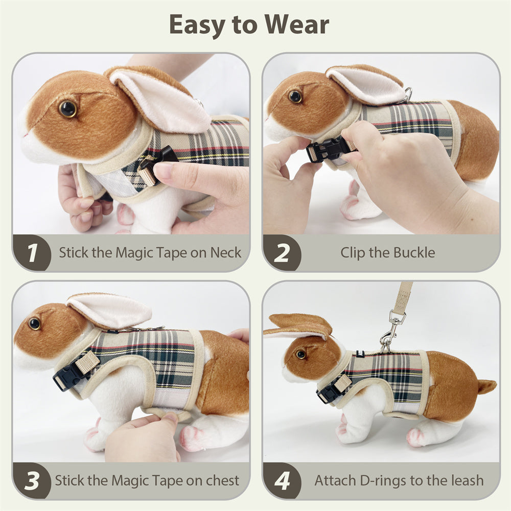 Aiitle Adjustable Padded Bunny Harness Leash Set Plaid Pattern