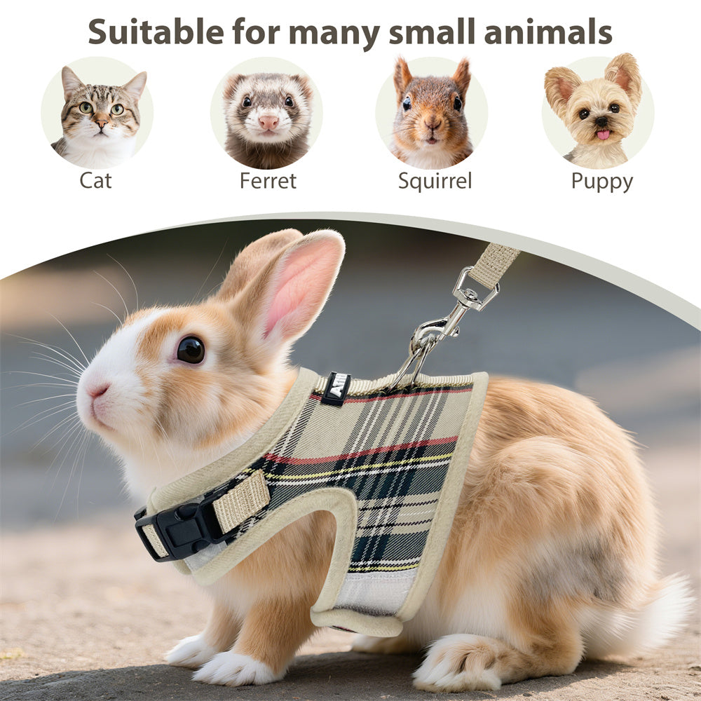 Aiitle Adjustable Padded Bunny Harness Leash Set Plaid Pattern