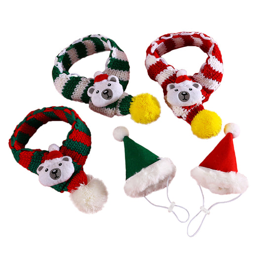 Aiitle Cute Bear Pet Christmas Striped Scarf Hat Set