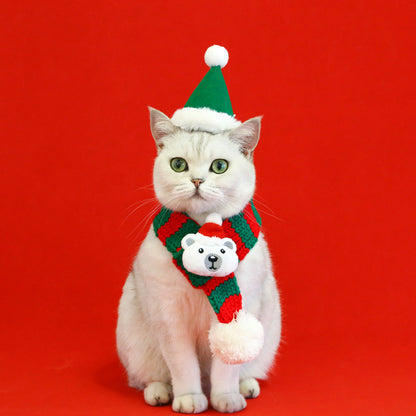 Aiitle Cute Bear Pet Christmas Striped Scarf Hat Set