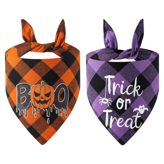 2 Pack Plaid Halloween Dog Bandanas, Washable Halloween Pumpkin Bat Printing | AIITLE