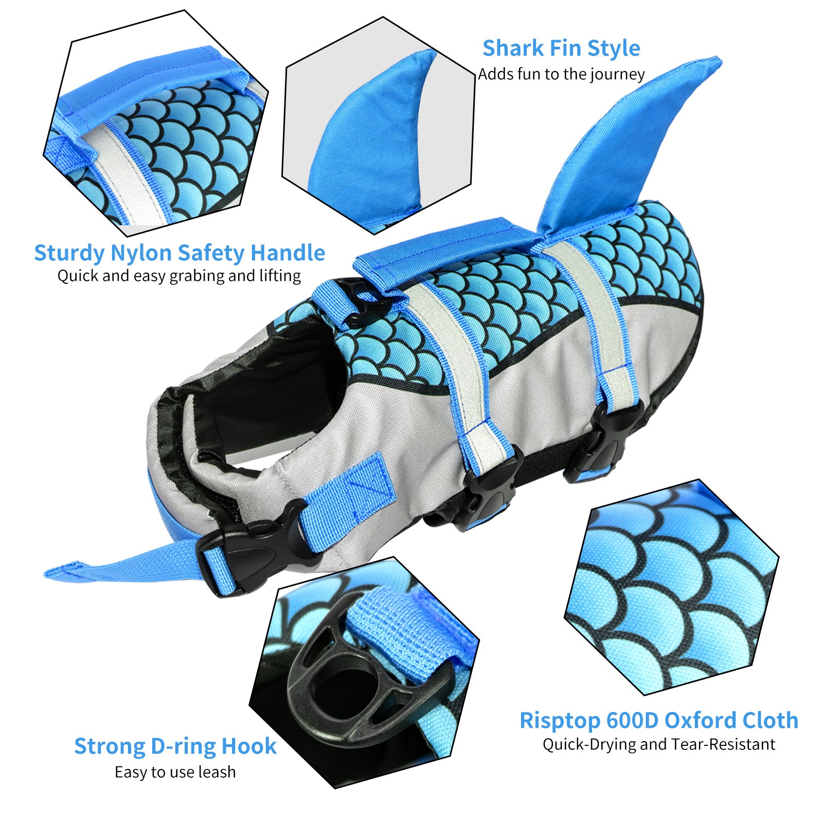 AIITLE Dog Life Vests, Adjustable Shark Dog Life Jacket with Rescue Handle | AIITLE